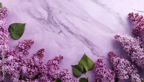 Top view of purple Lilac flowers on lilac marble  background with copy space. Generated image