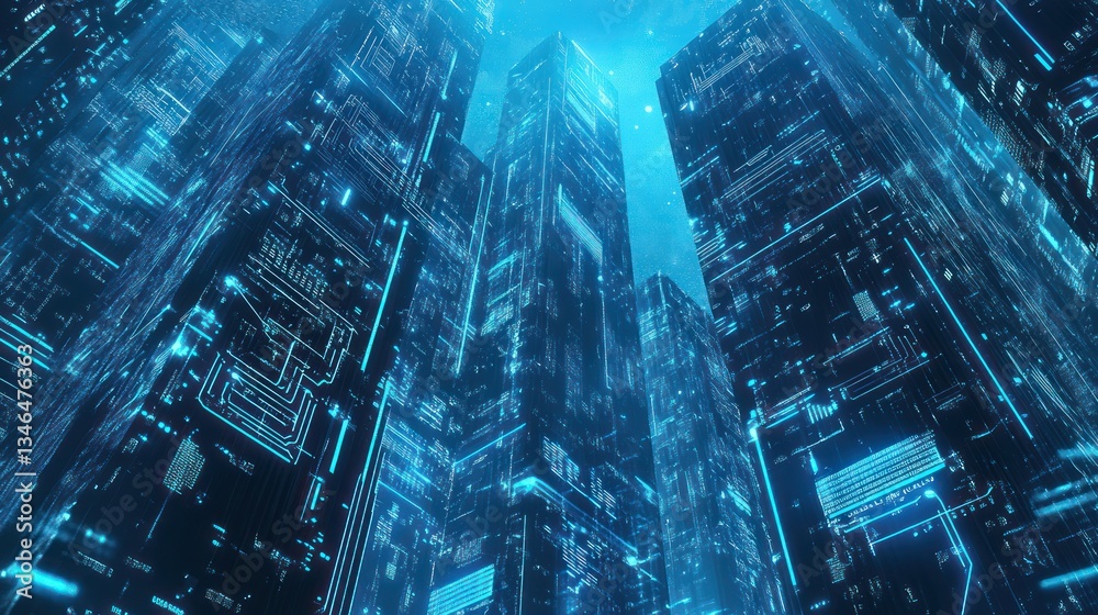 Futuristic city with glowing circuit board architecture Futuristic city with glowing circuit board architecture