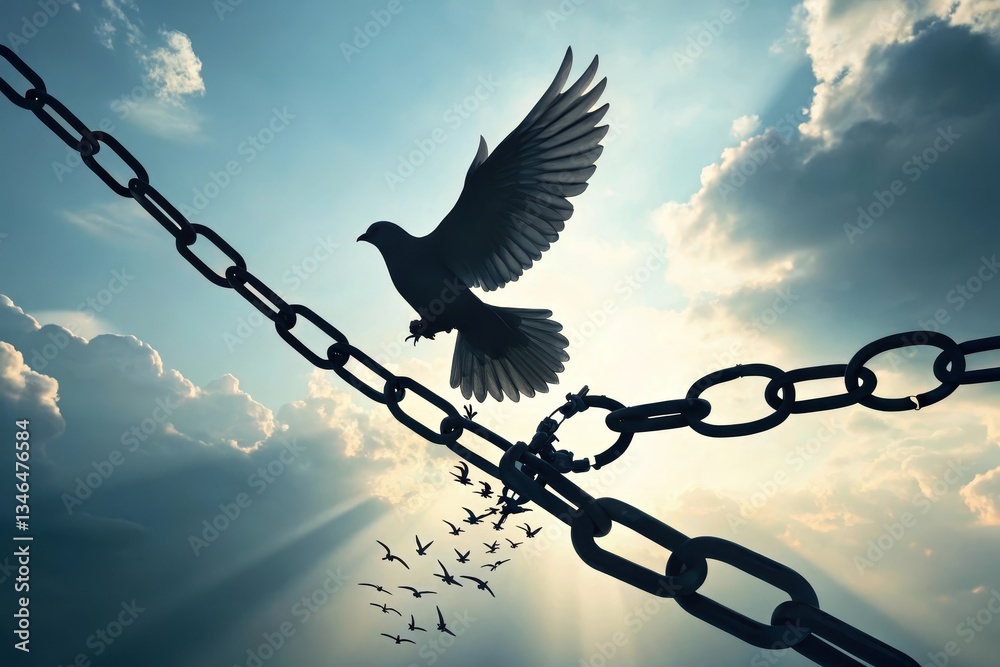 Fototapeta premium Freedom depicted as a bird breaking chains against a backdrop of clouds at sunrise representing liberation and hope