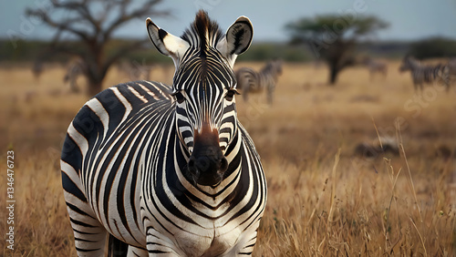Zebra Standing Tall in African Savanna Grassland with Other Zebras