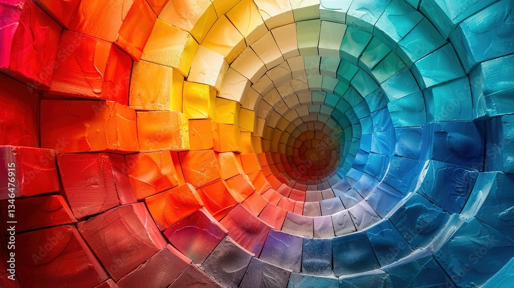 Obraz premium A vibrant spiral of color blending seamlessly from warm reds and oranges to cool blues and teals, creating a mesmerizing tunnel effect.