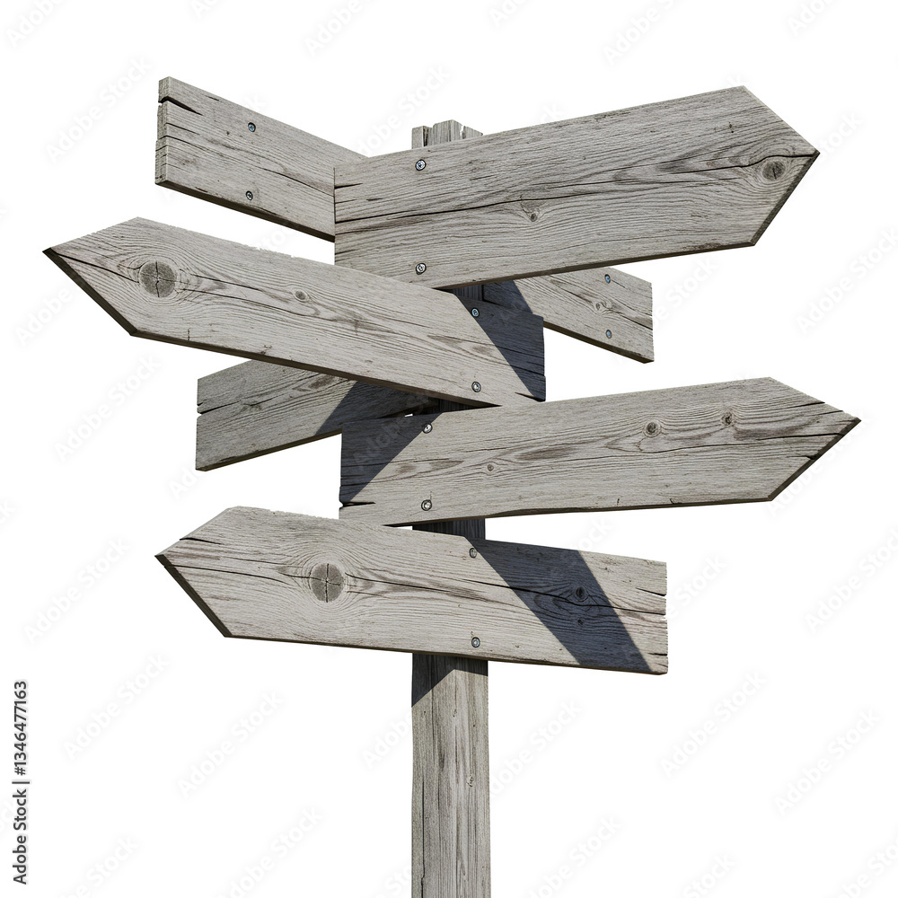 Fototapeta premium A rustic wooden signpost with multiple blank directional arrows, pointing in different directions.