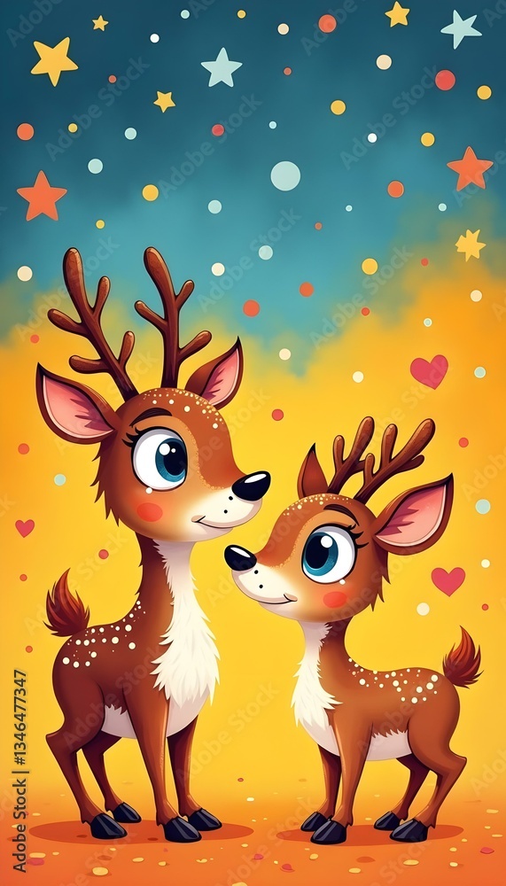 Obraz premium Two cartoon reindeers looking at each other with stars and hearts on colorful background.