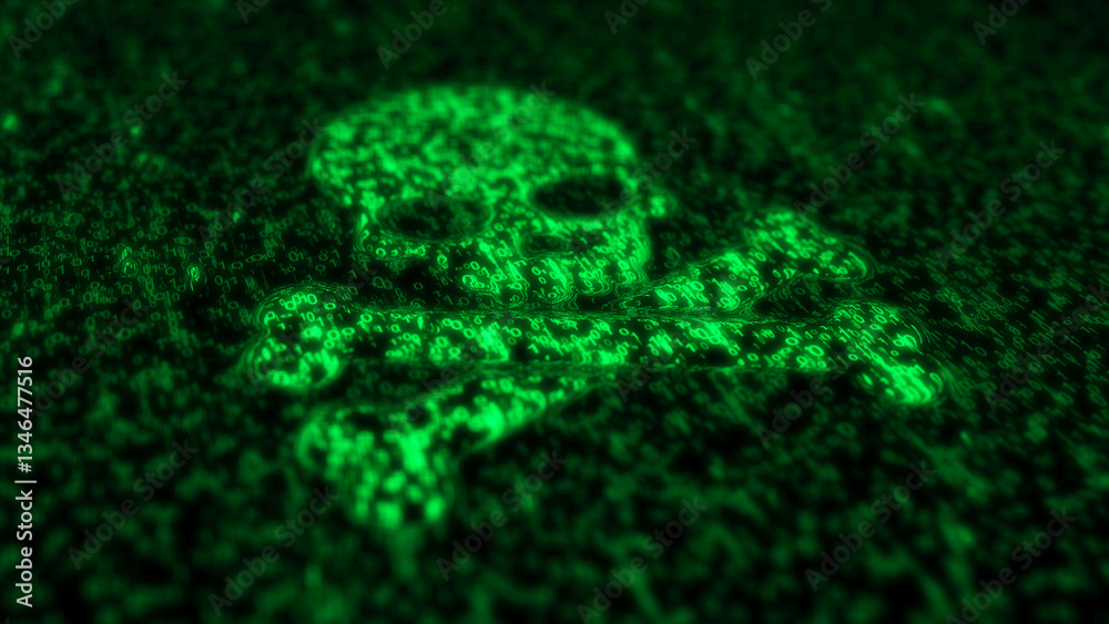 Skull pirates and cyberattack symbol matrix style 3d illustration