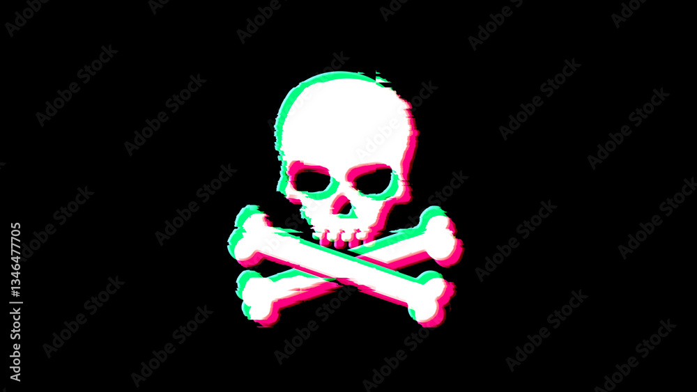 Skull pirates and cyberattack symbol glitch and noise 3d illustration
