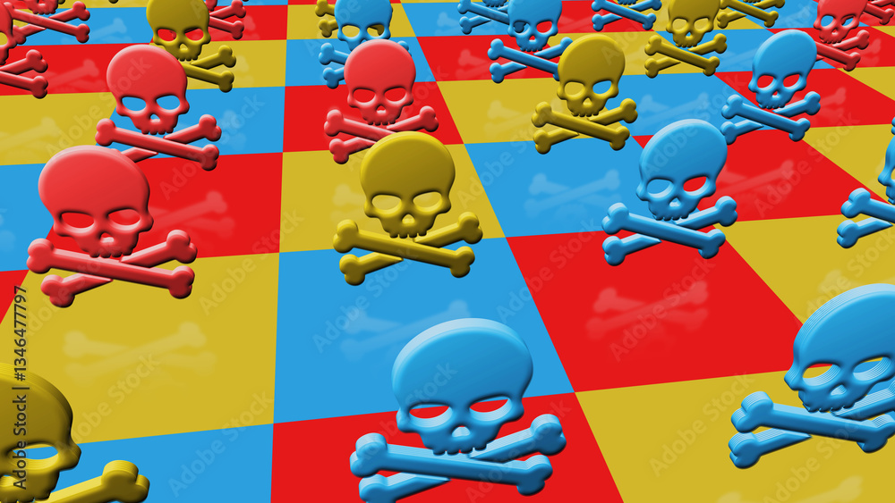 Skull pirates and cyberattack multiply symbol pattern 3d illustration