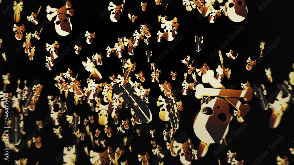 Skull pirates and cyberattack golden symbol 3d illustration