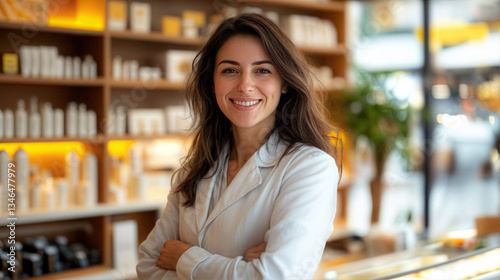 Donna giovane con capelli castani, sorridente, in camice da medico con le braccia incrociate in farmacia
