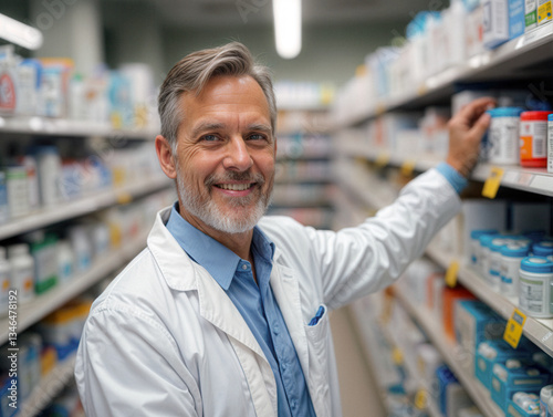 Uomo di circa 45 anni in camice da medico sorridente, mentre seleziona prodotti dalla scaffalatura di una farmacia