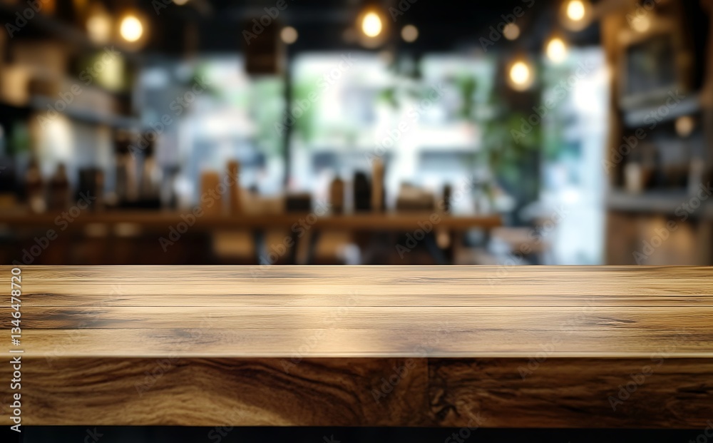 Empty wooden table top with a blurred background of a coffee shop, bar, or restaurant Empty wooden table top with a blurred background of a coffee shop, bar, or restaurant