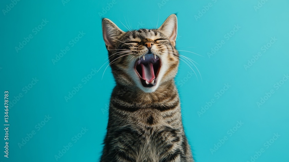 Obraz premium Yawning tabby cat against blue background