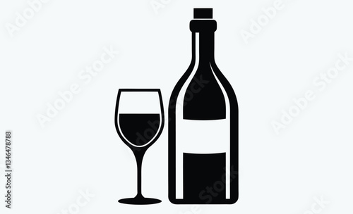 Wine bottle with glass icon, drinkware silhouette vector illustration