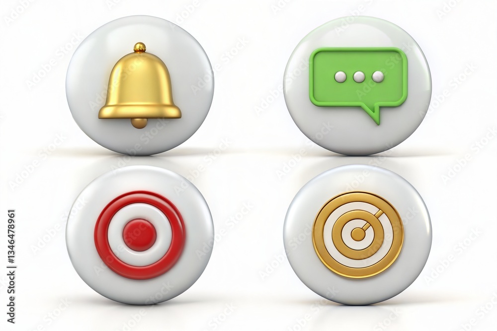 Asset 3D General Icons Set. Bell, Chat Bubble, Target, Inclusion Symbol. Asset 3D General Icons Set. Bell, Chat Bubble, Target, Inclusion Symbol.