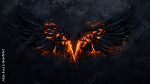 Fiery black wings against dark background; fantasy art