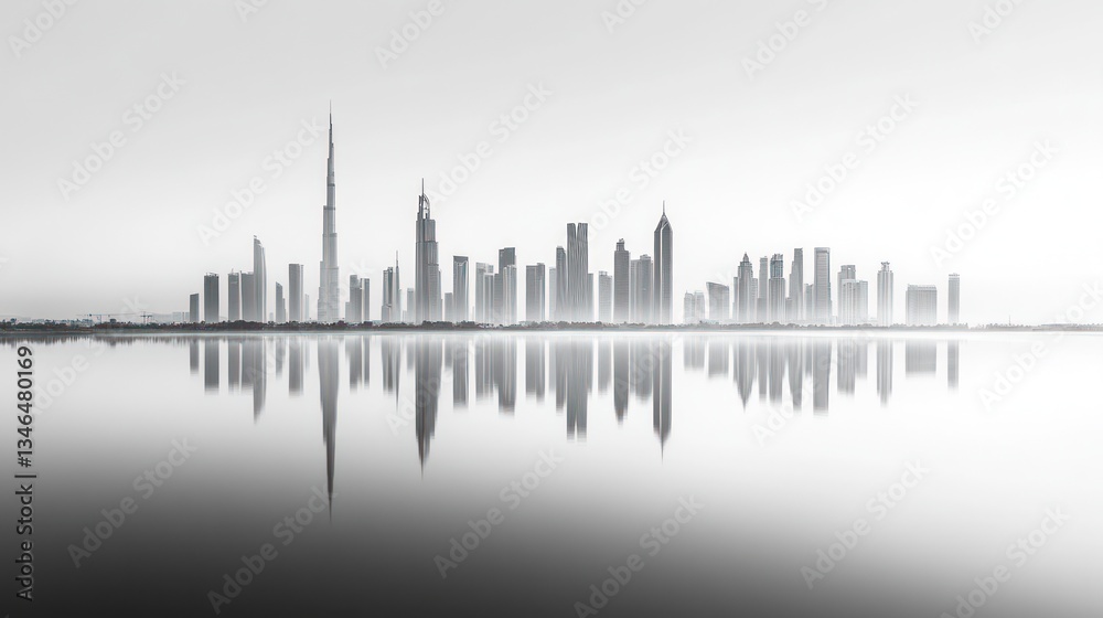 Fototapeta premium City skyline reflected in water, tranquil morning light, urban scene