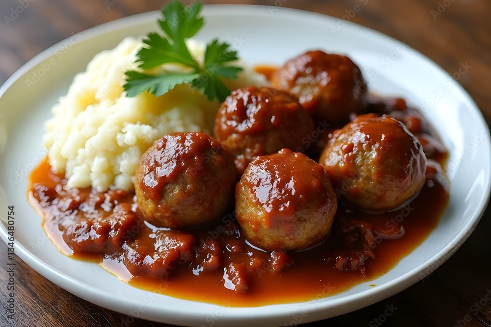 Mashed Potatoes with Meatballs in Tomato Sauce, Garnished with Fresh Parsley Mashed Potatoes with Meatballs in Tomato Sauce, Garnished with Fresh Parsley