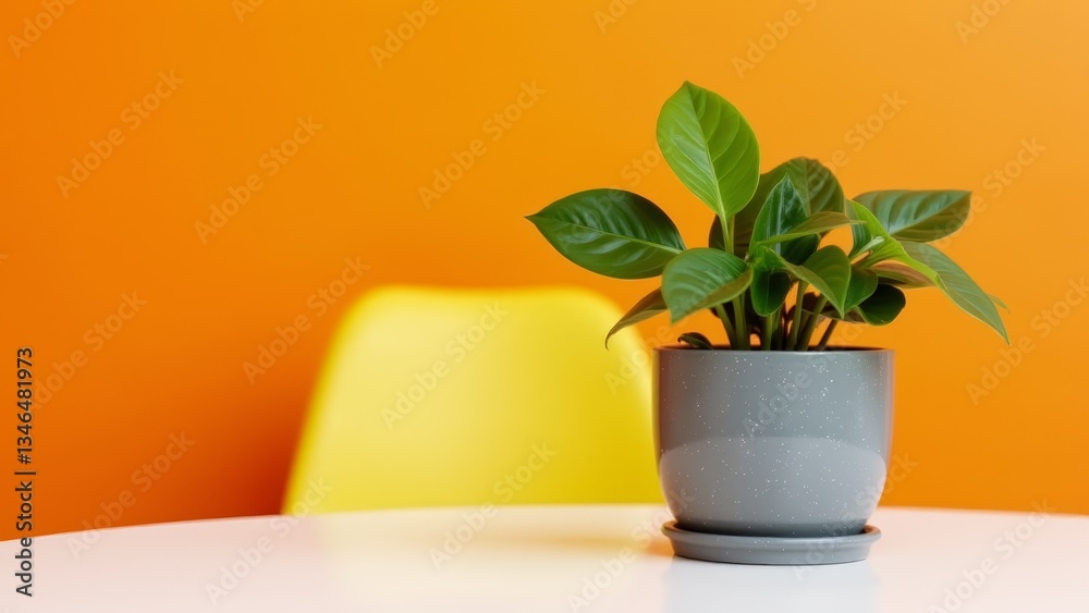 Fototapeta premium Potted Plant On Table, Orange Background