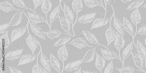 Floral greenery hand drawn seamless pattern with small line art leaves Perfect for background, textile, or wrapping paper A delicate, repeating pattern Minimalist and elegant aesthetic
