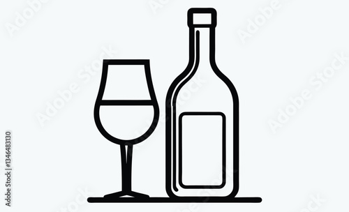Wine bottle with glass icon, drinkware silhouette vector illustration