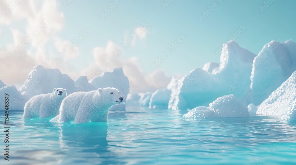Naklejka premium Polar Bears in Melting Arctic Ice.