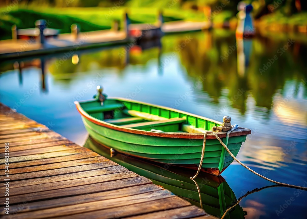 Obraz premium A tiny green wooden rowboat floats serenely on calm water, a miniature world captured in tilt-shift photography.