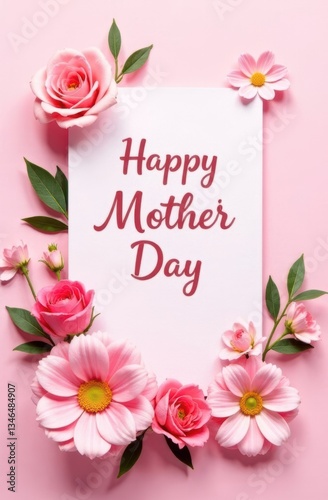 Pink flowers framing happy mother day greeting card on pink background