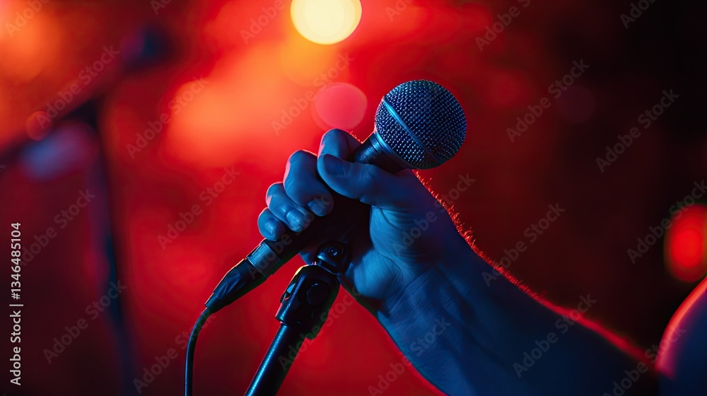 Obraz premium A performer's hands gripping a wireless microphone, ready to speak or sing, with a bold backdrop.