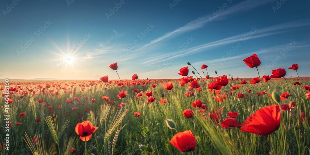 Naklejka premium A breathtaking sunrise paints a vibrant poppy field with warm golden light, creating a serene and hopeful landscape.