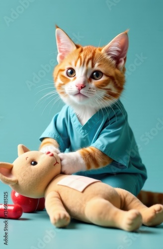 Ginger kitten veterinarian performing cpr on plush toy cat patient