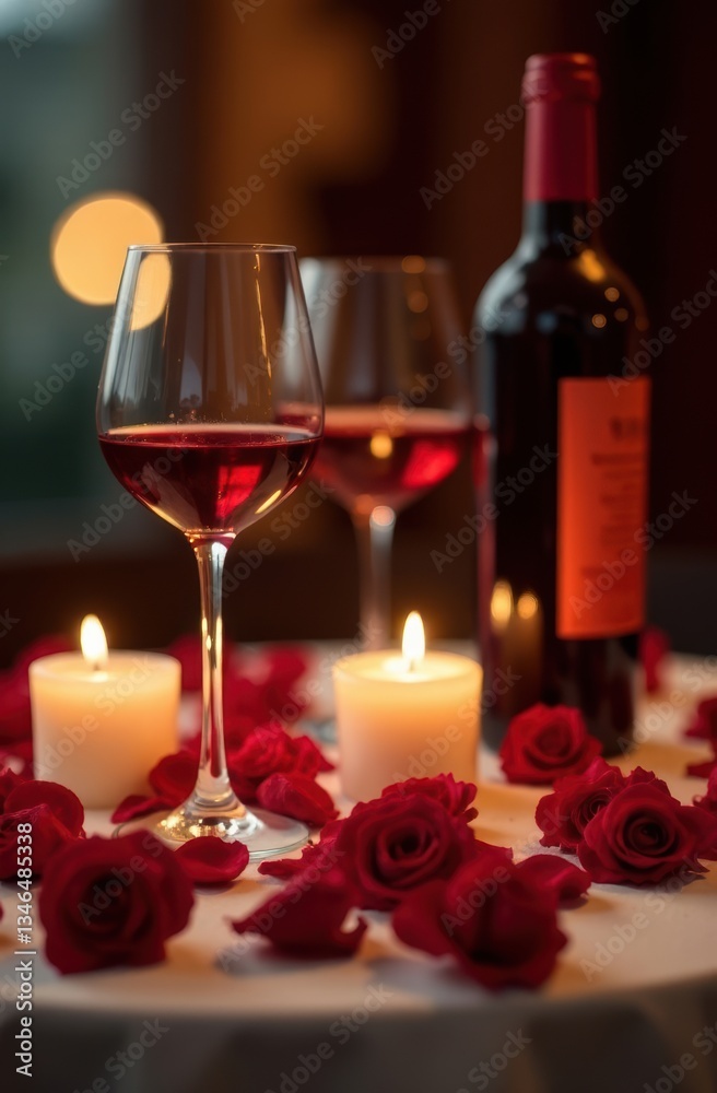 Romantic table setting with red wine, candles, and roses