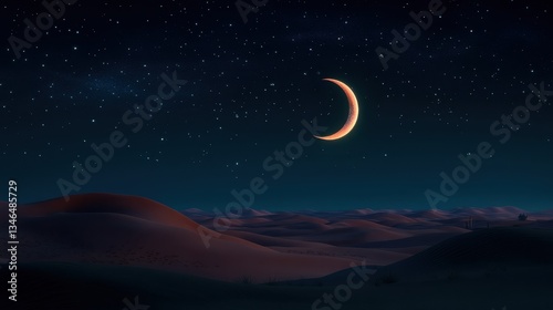 Serene Night Sky Over Desert Dunes with Glowing Crescent Moon