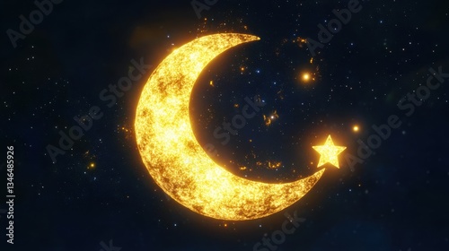 Glowing Golden Crescent Moon and Star in Night Sky Background