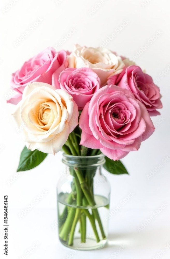 Pink and white roses blooming in glass vase on white background Pink and white roses blooming in glass vase on white background