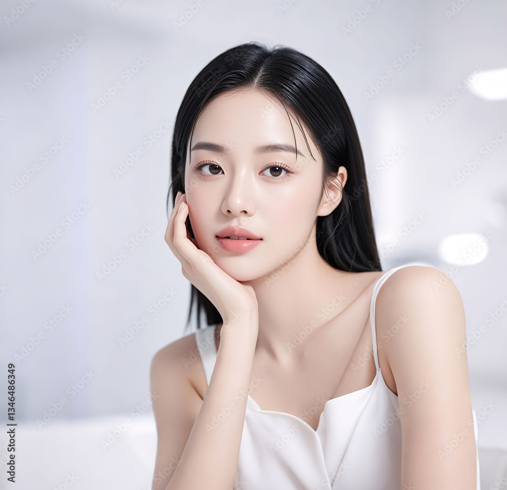 Portrait of pretty girl, beauty salon poster model with fair skin, one hand resting on face. Portrait of pretty girl, beauty salon poster model with fair skin, one hand resting on face.