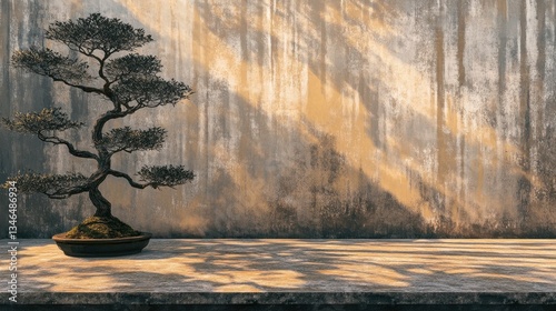 Serene Bonsai Tree Against Rustic Wall with Soft Shadows