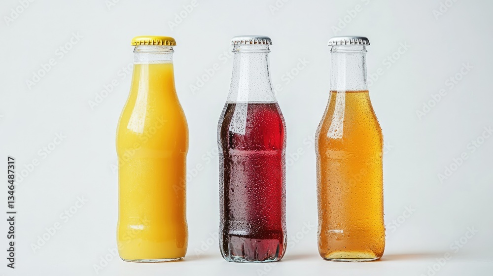 A set of glass bottles with refreshing drinks like orange juice, iced coffee, and soda, isolated on a white surface. A set of glass bottles with refreshing drinks like orange juice, iced coffee, and soda, isolated on a white surface.