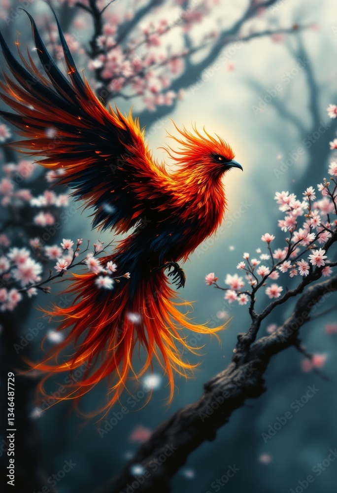Fototapeta premium Fiery Phoenix Bird Art Print Fantasy Artwork on Branch