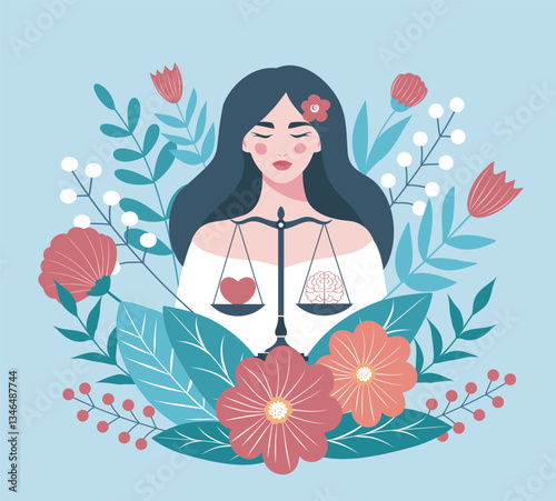  International Women's Health Day. Woman and scales surrounded by flowers. Brain and heart reflect the harmony of mind and feelings, balance of emotions. Place text for projects on psychology