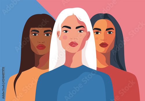 Vector illustration for Equality Day and Women's Day. Women's month. Women of different nationalities together. Gender equality and women's empowerment movements for women's projects