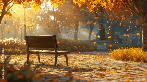 A single wooden bench in a sunlit park, surrounded by trees shedding their golden autumn leaves.