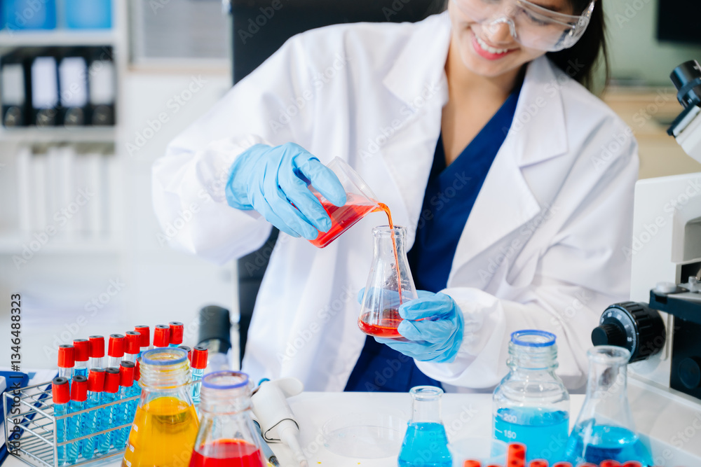 Fototapeta premium Scientists, beakers, and microscopes in cutting-edge research. Perfect for science and technology projects.