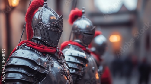 Majestic Knights in Shiny Armor with Red Feathers on Historic Street