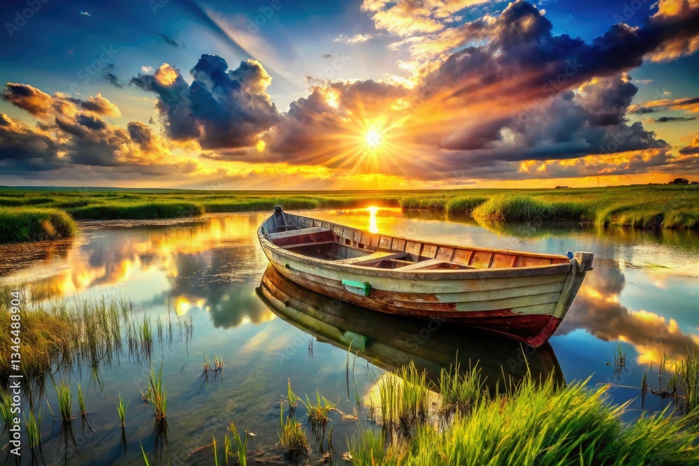 Fototapeta premium Coastal portraits: breathtaking photography of marsh boats, reflecting the essence of waterside living.