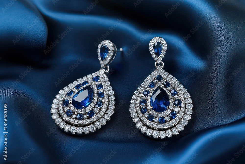 Fototapeta premium Elegant sapphire earrings on blue silk. Jewelry fashion photography
