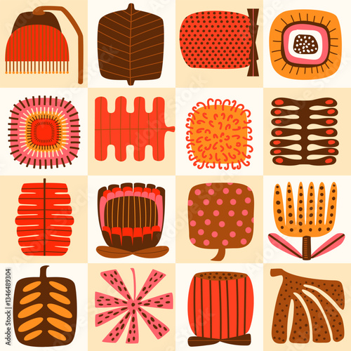 Modern colorful geometric Australian native flowers and plants foliage in cream and white checkers squares seamless pattern, geo botanical Aussie repeat design, vector illustration