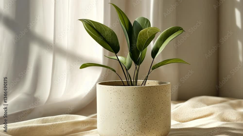 Ceramic planter pot with a minimalist design standing on a soft beige fabric ..