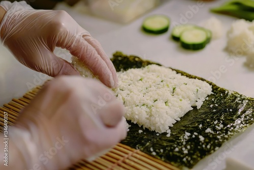 Gloved hands making sushi rice, kitchen, ingredients