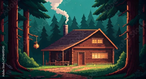 A cozy pixel art cabin in the woods, surrounded by tall pine trees, with smoke rising from the chimney, Ai Generated
