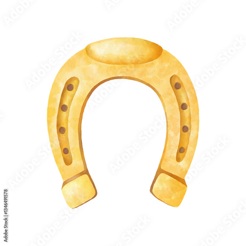 Golden Horseshoe. Cute Watercolor Illustration for Kids. Cowboy Theme for Wrapping Paper and Textiles