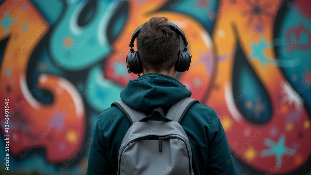 Man With Headphones And Graffiti Wall Man With Headphones And Graffiti Wall